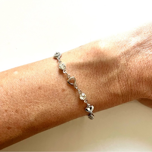 Silver Tone and Costume Jewelry Bracelet with Solid and Open Hearts and Crystal - Picture 3 of 3